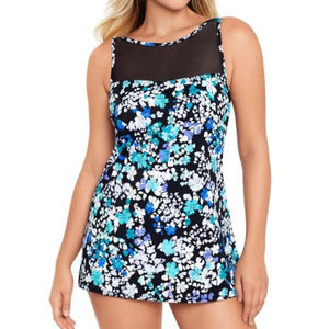 Swim Solutions Tummy Control Blue High-Neck Mesh Swimsuit Swimdress 12 NEW